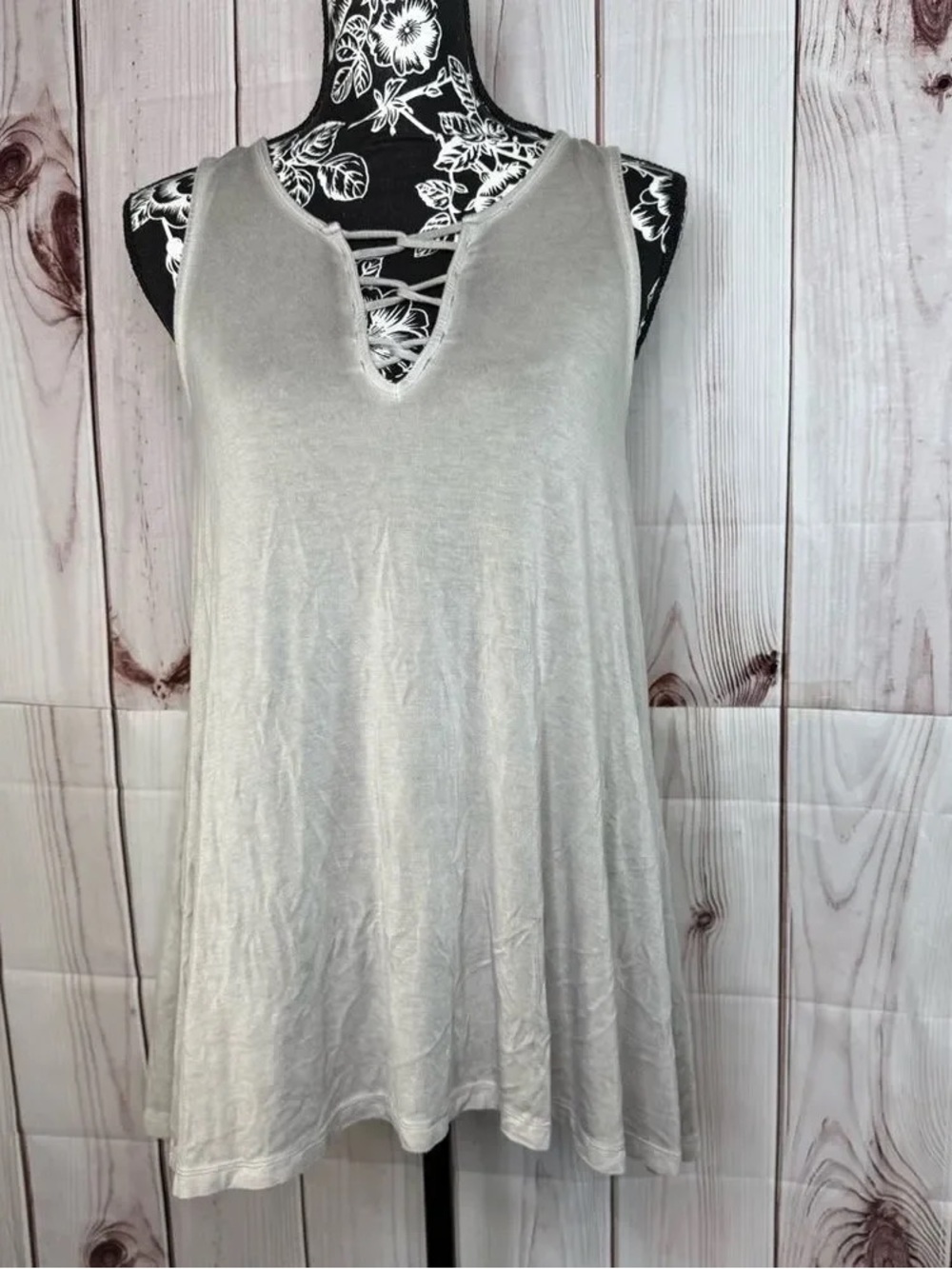 Sleeveless V-Neck Lace-Up Tank Top - Light Gray